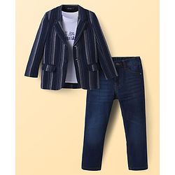 Pine Kids Knit Text Printed T-Shirt & Jeans with Full Sleeves Blazer - Navy Blue & White