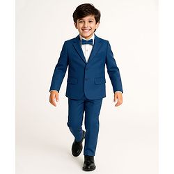 Pine Kids Knit Full Sleeves Solid Colour 3 Piece Party Suit With Bow - Teal Blue