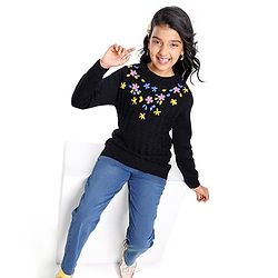 Pine Kids Full Sleeves Pull Over Sweater with Floral Embroidery - Black