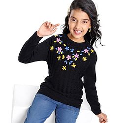 Pine Kids Full Sleeves Pull Over Sweater with Floral Embroidery - Black