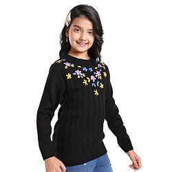 Pine Kids Full Sleeves Pull Over Sweater with Floral Embroidery - Black