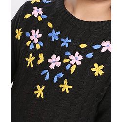 Pine Kids Full Sleeves Pull Over Sweater with Floral Embroidery - Black