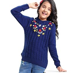Pine Kids Full Sleeves Pull Over Sweater with Floral Embroidery - Navy Blue