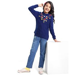 Pine Kids Full Sleeves Pull Over Sweater with Floral Embroidery - Navy Blue