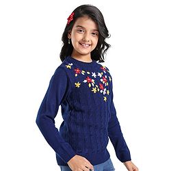 Pine Kids Full Sleeves Pull Over Sweater with Floral Embroidery - Navy Blue