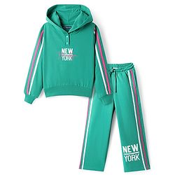 Pine Kids Cotton Knit Full Sleeves Hooded Sweatshirt & Pant Set with Text Print - Mint Green