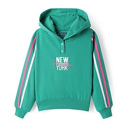 Pine Kids Cotton Knit Full Sleeves Hooded Sweatshirt & Pant Set with Text Print - Mint Green