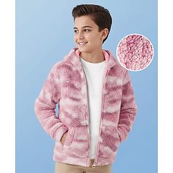 Pine Kids Woven Full Sleeves Hooded Fur Sweatjacket with Kangaroo Pockets Camouflage Print - Pink