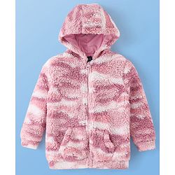 Pine Kids Woven Full Sleeves Hooded Fur Sweatjacket with Kangaroo Pockets Camouflage Print - Pink