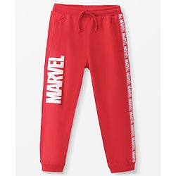 Pine Kids Marvel Cotton Terry Knit Full Length Lounge Pants With Text Puff Print and Tape Detailing - Red