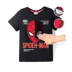 Pine Kids Marvel Cotton Knit Half Sleeves Oversized T-Shirt with Spider Man Graphics & Reversible Sequins - Black