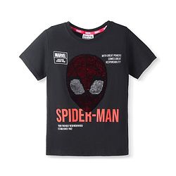 Pine Kids Marvel Cotton Knit Half Sleeves Oversized T-Shirt with Spider Man Graphics & Reversible Sequins - Black