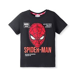 Pine Kids Marvel Cotton Knit Half Sleeves Oversized T-Shirt with Spider Man Graphics & Reversible Sequins - Black