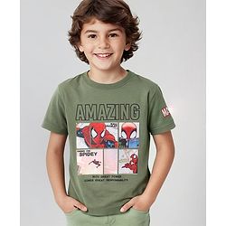 Pine Kids Marvel Cotton Knit Half Sleeves T-Shirt With Spider Man Graphics - Olive Green