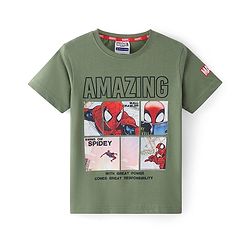 Pine Kids Marvel Cotton Knit Half Sleeves T-Shirt With Spider Man Graphics - Olive Green