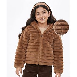 Pine Kids Full Sleeves Hooded Jacket with Stripes & Fur Design - Beige