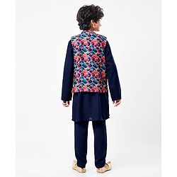 Pine Kids Woven Full Sleeves Solid Colour Kurta Pyjama Set with Floral Printed Nehru Jacket - Navy Blue