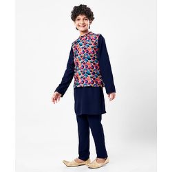 Pine Kids Woven Full Sleeves Solid Colour Kurta Pyjama Set with Floral Printed Nehru Jacket - Navy Blue