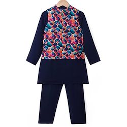 Pine Kids Woven Full Sleeves Solid Colour Kurta Pyjama Set with Floral Printed Nehru Jacket - Navy Blue