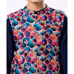 Pine Kids Woven Full Sleeves Solid Colour Kurta Pyjama Set with Floral Printed Nehru Jacket - Navy Blue