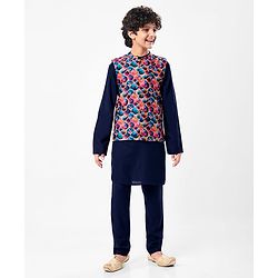 Pine Kids Woven Full Sleeves Solid Colour Kurta Pyjama Set with Floral Printed Nehru Jacket - Navy Blue