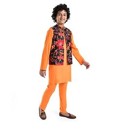 Pine Kids Woven Full Sleeves Solid Colour Kurta Pyjama Set with Floral Print Jacket - Orange