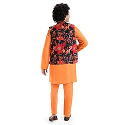 Pine Kids Woven Full Sleeves Solid Colour Kurta Pyjama Set with Floral Print Jacket - Orange