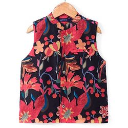 Pine Kids Woven Full Sleeves Solid Colour Kurta Pyjama Set with Floral Print Jacket - Orange