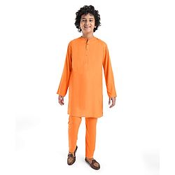 Pine Kids Woven Full Sleeves Solid Colour Kurta Pyjama Set with Floral Print Jacket - Orange