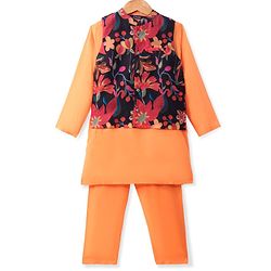 Pine Kids Woven Full Sleeves Solid Colour Kurta Pyjama Set with Floral Print Jacket - Orange