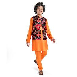 Pine Kids Woven Full Sleeves Solid Colour Kurta Pyjama Set with Floral Print Jacket - Orange