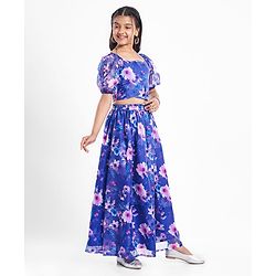 Pine Kids Woven Full Puff Sleeves  Lehenga Choli Set with Pleated Design & Floral Print - Blue