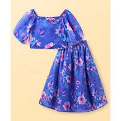 Pine Kids Woven Full Puff Sleeves  Lehenga Choli Set with Pleated Design & Floral Print - Blue