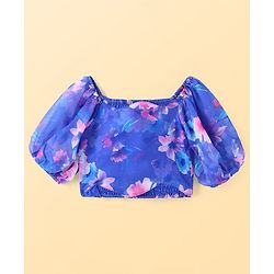Pine Kids Woven Full Puff Sleeves  Lehenga Choli Set with Pleated Design & Floral Print - Blue