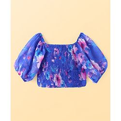 Pine Kids Woven Full Puff Sleeves  Lehenga Choli Set with Pleated Design & Floral Print - Blue