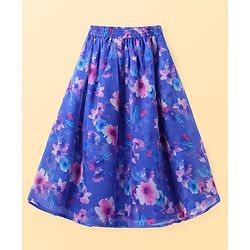 Pine Kids Woven Full Puff Sleeves  Lehenga Choli Set with Pleated Design & Floral Print - Blue