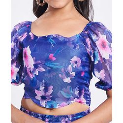 Pine Kids Woven Full Puff Sleeves  Lehenga Choli Set with Pleated Design & Floral Print - Blue
