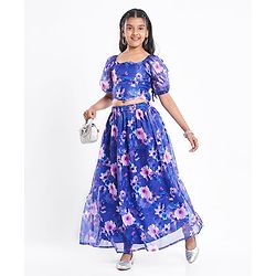 Pine Kids Woven Full Puff Sleeves  Lehenga Choli Set with Pleated Design & Floral Print - Blue