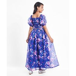 Pine Kids Woven Full Puff Sleeves  Lehenga Choli Set with Pleated Design & Floral Print - Blue