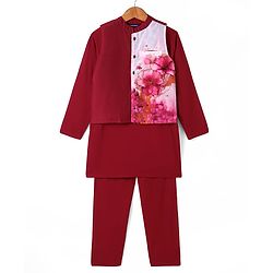 Pine Kids Woven Full Sleeves Solid Color Kurta Pajama Set With Floral Printed Jacket  - Dark Red