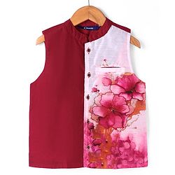 Pine Kids Woven Full Sleeves Solid Color Kurta Pajama Set With Floral Printed Jacket  - Dark Red