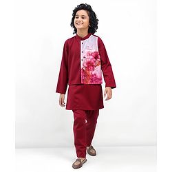 Pine Kids Woven Full Sleeves Solid Color Kurta Pajama Set With Floral Printed Jacket  - Dark Red