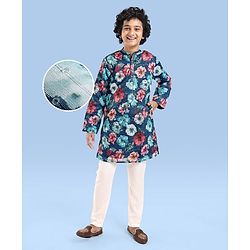 Pine Kids Woven Full Sleeves Kurta Pyjama Set Floral Print - Teal Blue