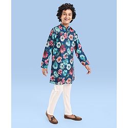 Pine Kids Woven Full Sleeves Kurta Pyjama Set Floral Print - Teal Blue