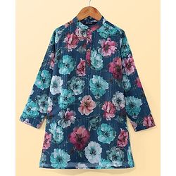 Pine Kids Woven Full Sleeves Kurta Pyjama Set Floral Print - Teal Blue