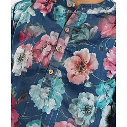 Pine Kids Woven Full Sleeves Kurta Pyjama Set Floral Print - Teal Blue
