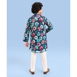 Pine Kids Woven Full Sleeves Kurta Pyjama Set Floral Print - Teal Blue