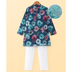 Pine Kids Woven Full Sleeves Kurta Pyjama Set Floral Print - Teal Blue