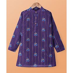 Pine Kids Cotton Woven Full Sleeves Floral Print & Striped Kurta Pyjama Set - Violet
