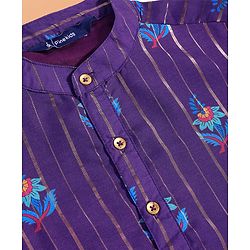 Pine Kids Cotton Woven Full Sleeves Floral Print & Striped Kurta Pyjama Set - Violet